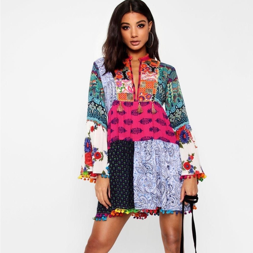 Pretty Little Thing Patchwork Print Tassel Detail Smock Dress